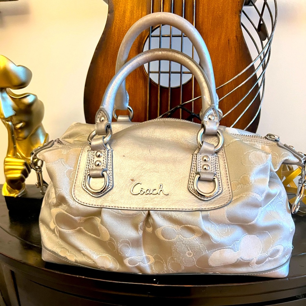 Coach Metallic Silver Leather & Signature Satchel Bag F18424